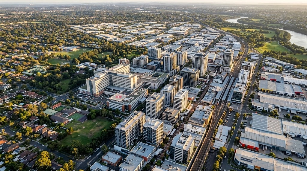 Liverpool CBD skyline, commercial corridors, and health precinct from above at golden hour where Google Ads targeting is focused
