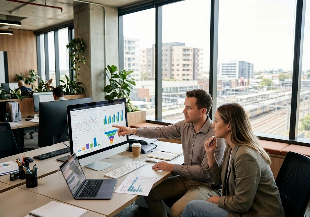 PPC specialist analyzing Google Ads campaign metrics in a Liverpool commercial office