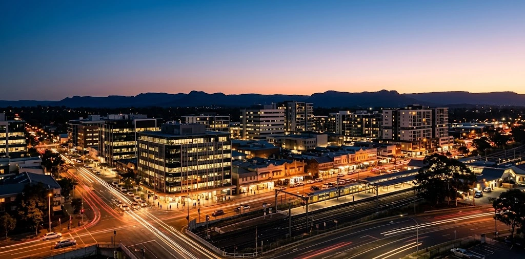 Penrith CBD commercial district at dusk showing Western Sydney business density