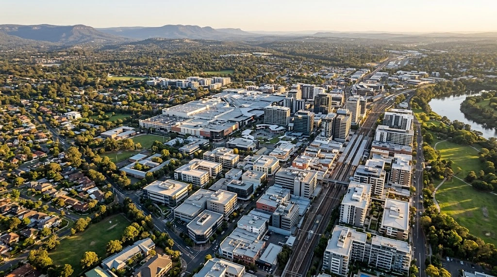 Penrith CBD skyline, commercial hubs, and the Blue Mountains foothills from above at golden hour where Google Ads targeting is focused
