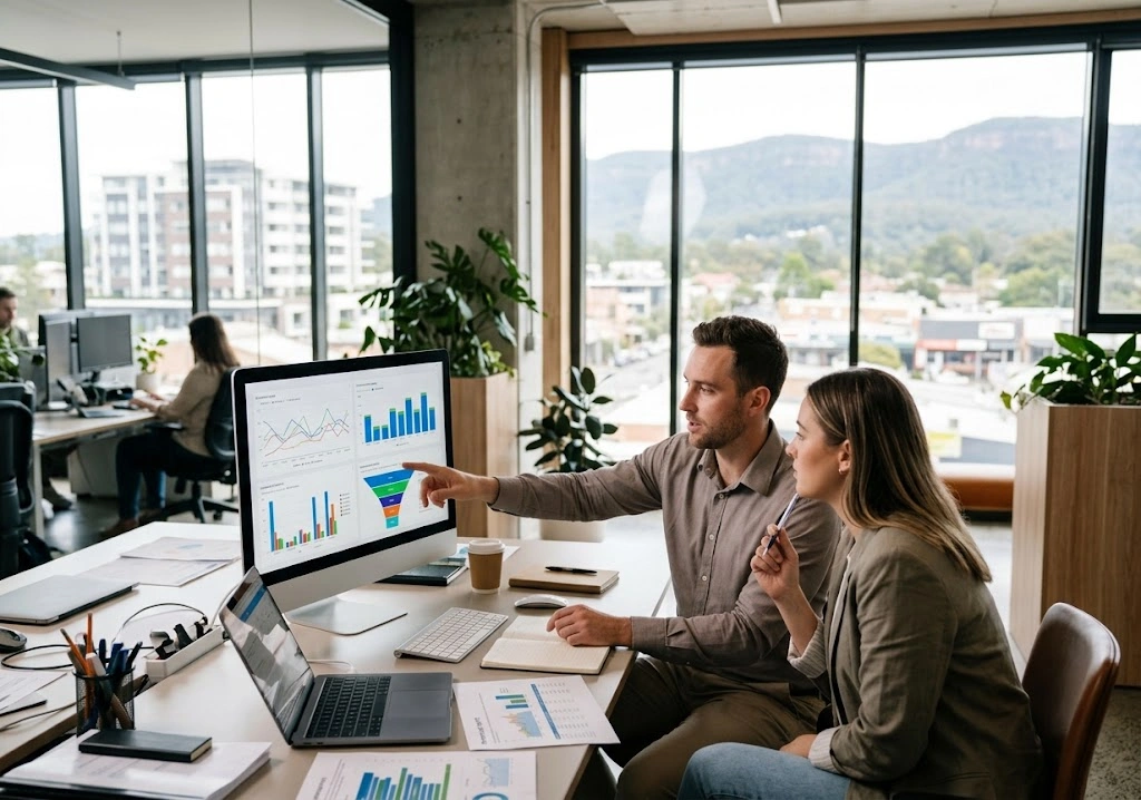 PPC specialist analyzing Google Ads campaign metrics in a Penrith commercial office
