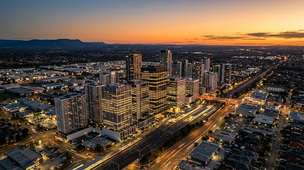Blacktown CBD skyline at dusk showing corporate density