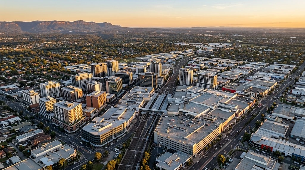 Blacktown CBD skyline and major commercial precincts from above at golden hour