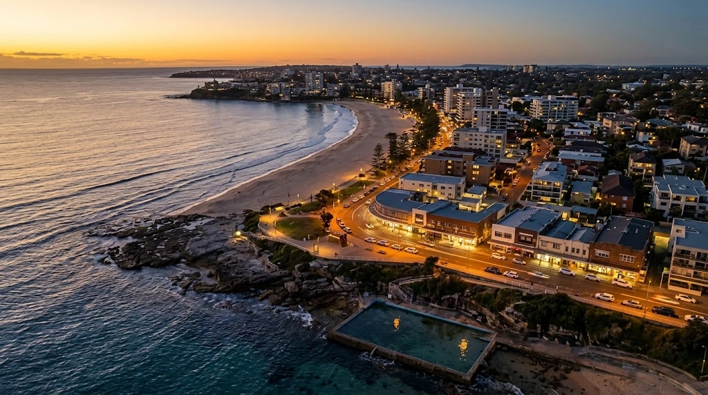 Cronulla beachfront and Sutherland Shire at dusk showing coastal retail density
