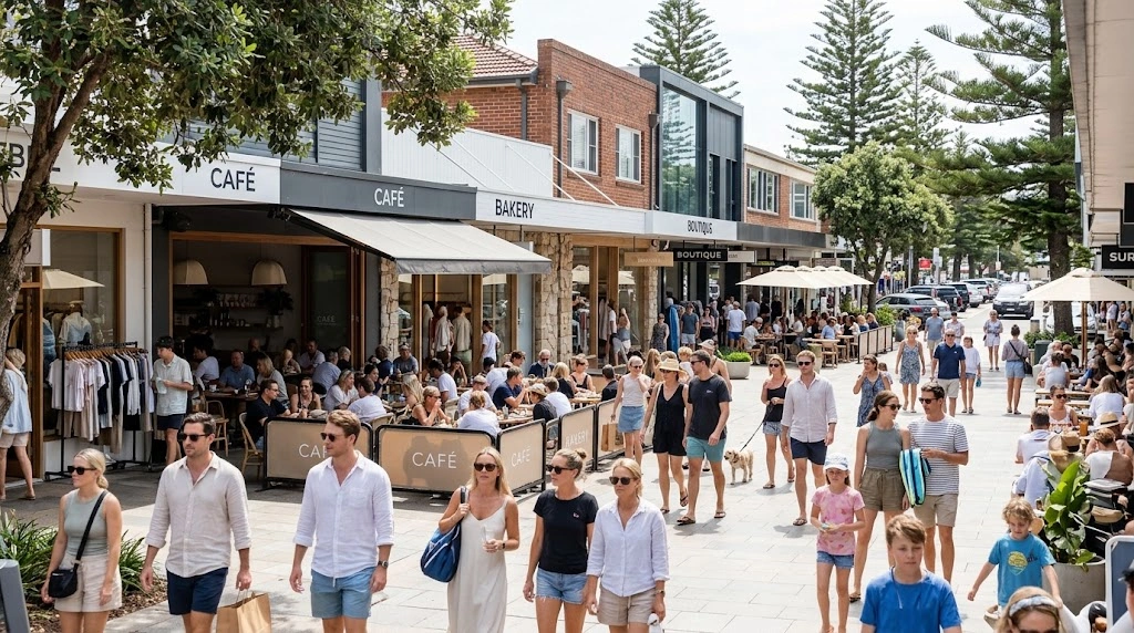Premium boutique storefronts and pedestrian zones in Cronulla demonstrating high competition