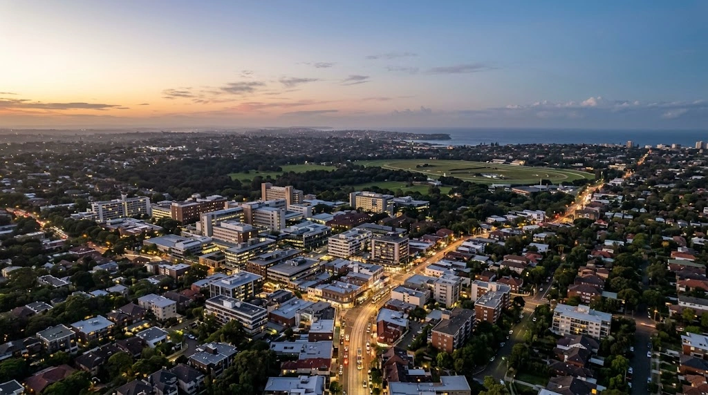 Randwick commercial zones and the Eastern Suburbs at dusk
