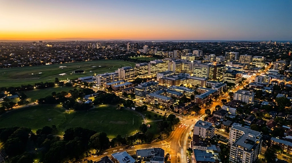 Randwick CBD skyline at dusk showing corporate density