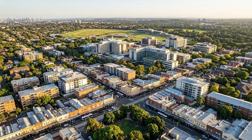 Randwick CBD and Belmore Road retail precincts from above at golden hour