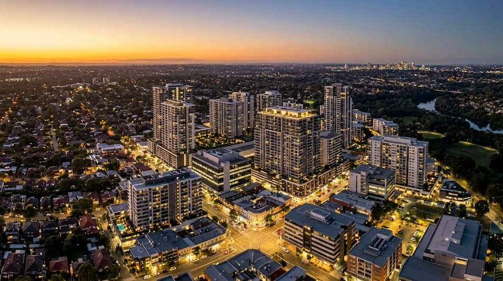 Ryde CBD skyline at dusk showing corporate density