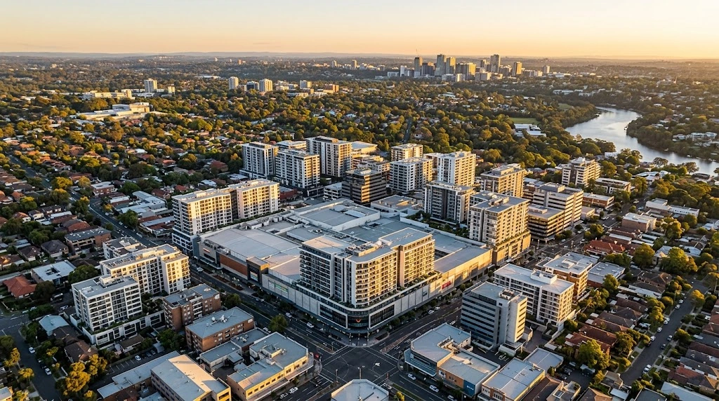 Ryde CBD and Top Ryde City retail precinct from above at golden hour