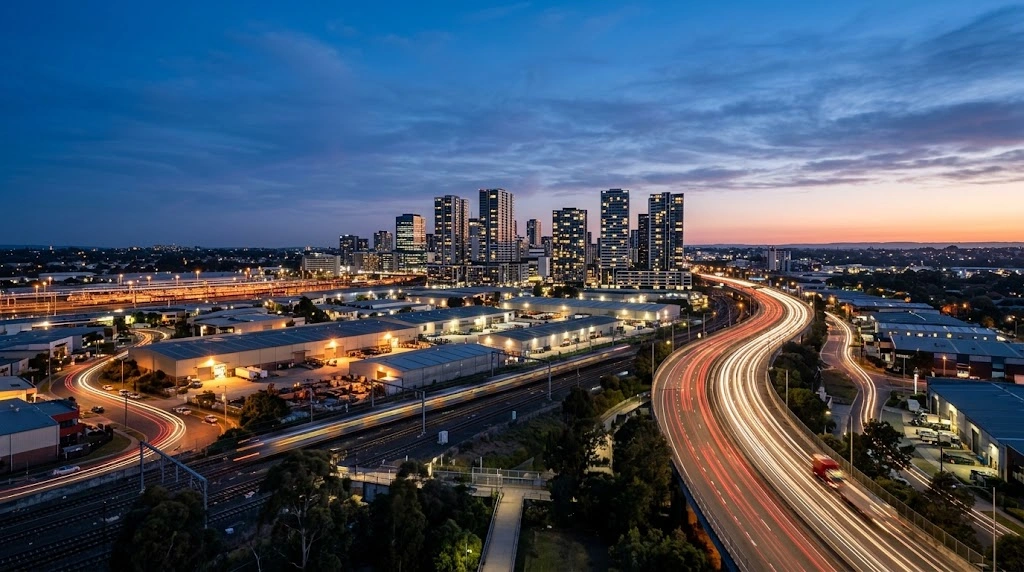 Bankstown city skyline and industrial zones at dusk