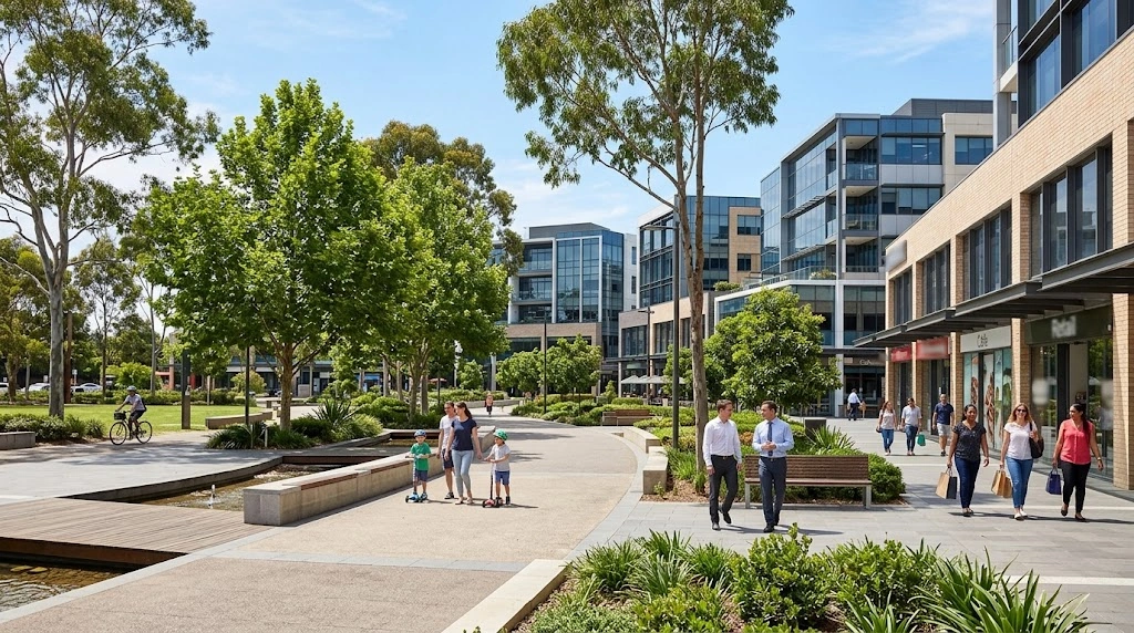 Commercial district and parkland near Bankstown Central