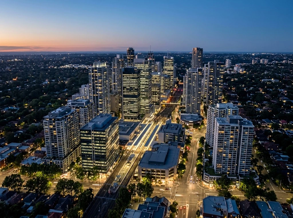 Chatswood city skyline at dusk with glowing lights