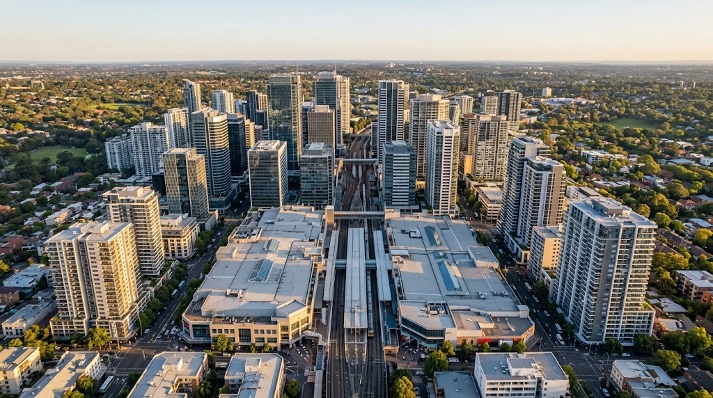 Chatswood corporate towers and rail interchange from above
