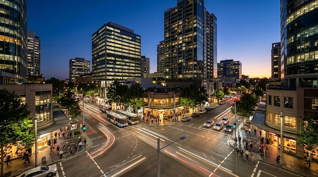 Sydney city streets and buildings illuminated at night