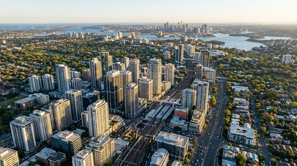 Sydney commercial skyline and transport links viewed from above